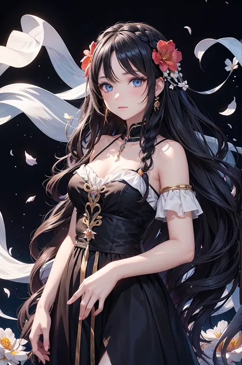 artwork anime girls with long, flowing, wavy hair and lots of make-up, 1girl, solo, flower, hair flower, jewelry, earrings, blue eyes, hair ornament, black hair, long hair, looking at viewer, black background, braid