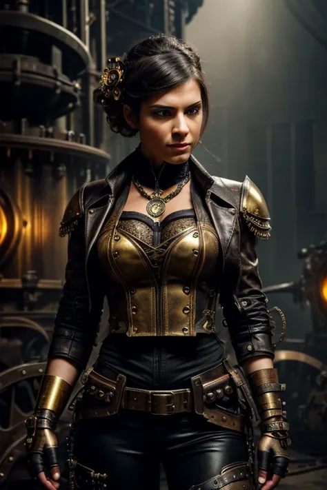 A steampunk-style portrait of a female warrior immersed in a world of gears and machines .  The warriors armor is a fusion of leather and metal  ,  adorned with protective goggles and exposed mechanisms that shine with golden light  .  Steam tubes escape h...