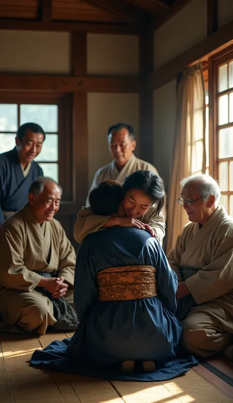 A heartwarming scene set in the Edo period, inside a traditional wooden mountain hut, featuring a group of Japanese ren in various ages wearing worn-out kimonos, surrounding a kind woman in a navy-blue kimono. She kneels down, embracing them lovingly with ...