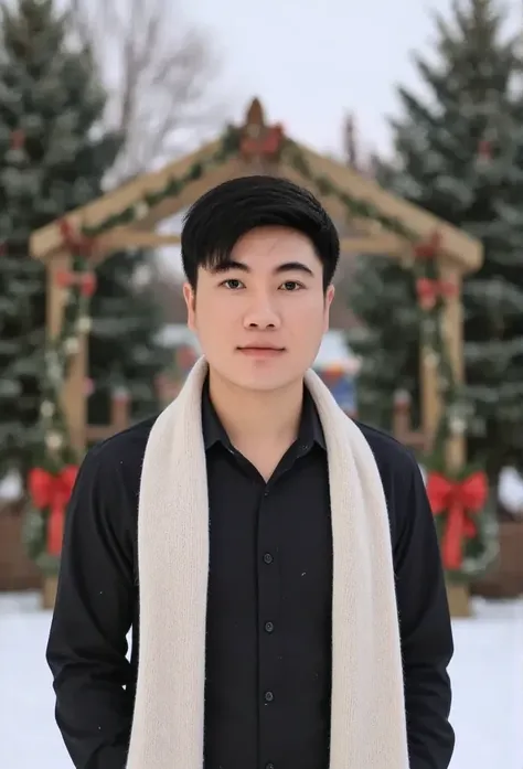 The image shows a man standing outdoors in a winter setting. He is wearing a black shirt and a white woolen scarf, with snowflakes falling around him. Behind him, there are festive decorations, including large green trees and wreaths along with red flowers...