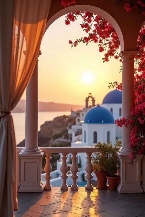 "A breathtaking view from a balcony at sunset in a traditional Greek city. The balcony features ornate columns supporting the structure, with light, flowing curtains tied back to the sides. The warm glow of the setting sun bathes the whitewashed buildings ...