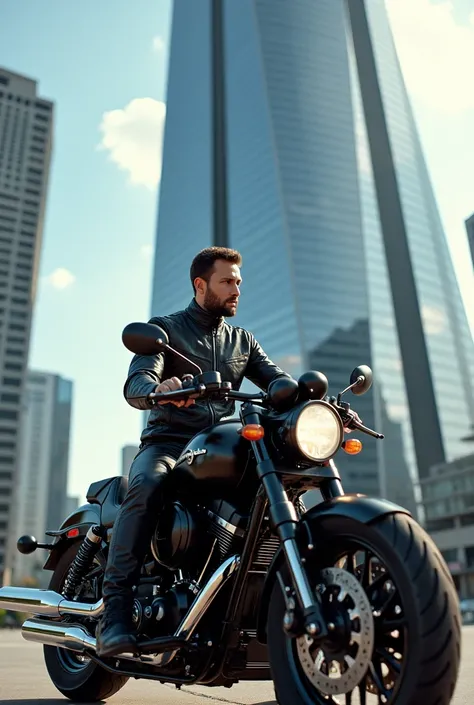 Photo of sitting on top of a motorcycle against the background of a tall building