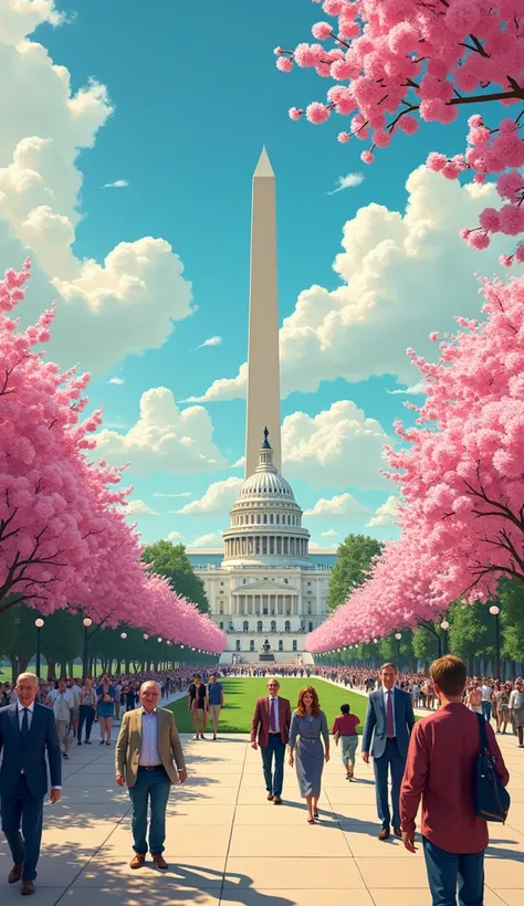 "Create a caricatured image of Washington, D.C., featuring exaggerated landmarks like the U.S. Capitol with an oversized dome, the Washington Monument towering into the clouds, and a lively scene of tourists with exaggerated facial expressions and body pro...