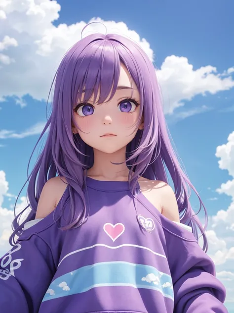 The image shows a person wearing a purple sweatshirt with a colorful heart design on the front. The background is a bright blue sky with scattered white clouds. The persons long hair is visible over one shoulder.