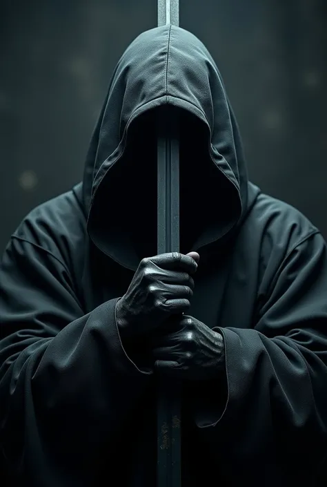 Black hooded warrior , image of an approximate face ,  and sword in front of your face, Close to her face only ,  but she doesnt have a face just darkness 