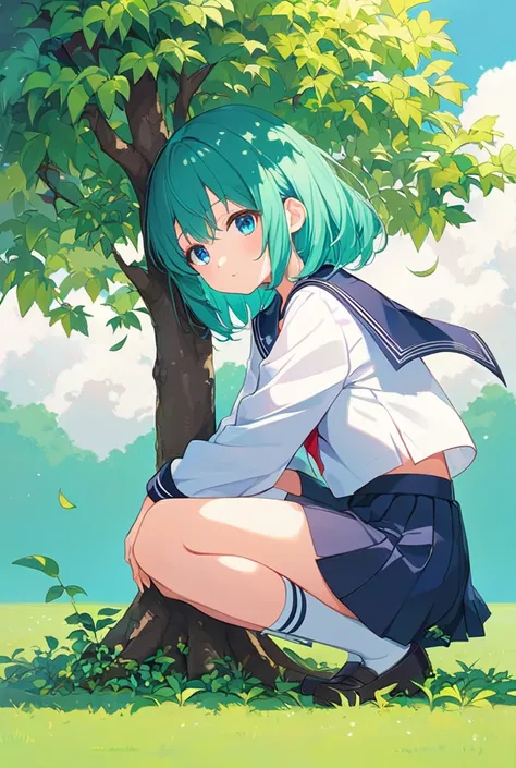 A serene anime artwork of a girl planting a small tree in an open field, her sailor uniform blending harmoniously with the vibrant greens around her. Her deep blue eyes shine with quiet optimism as she imagines the future growth of her efforts.