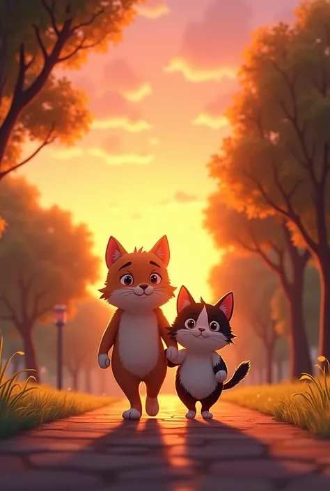 Scene 7: Ray and His Love Interest Walking Together

Prompt: Ray and the calico cat walk side by side through a park at sunset. Ray’s appearance is now leaner, but he still has his charming round face and soft fur. They look content and happy as they walk,...