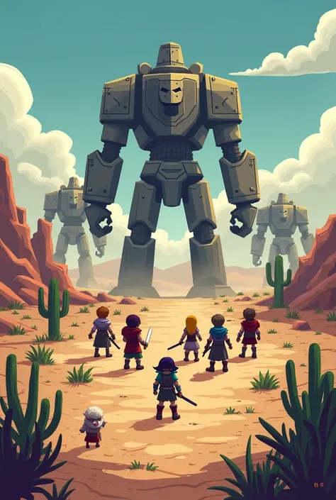 Pixel art , rpg , Battle in the desert against giant golems ,  Cactus of the desert , A gram , dry desert
