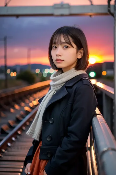 (masterpiece, best quality, perfect anatomy, highres, 8k, realistic, photorealistic, natural skin texture, no makeup:1.2), 1girl, solo, Japanese, age20, (very cute), stylish female university student, (large breasts:1.4), winter vibes, standing on a train ...