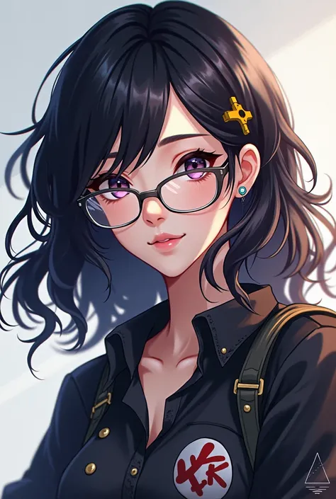 Create a girl in anime 
Free Fire player with wavy black hair with transparent glasses 