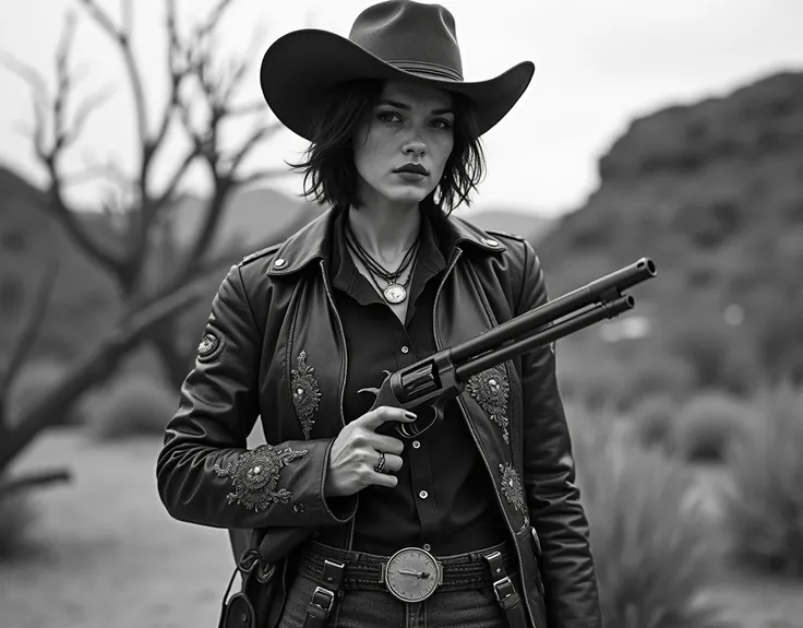 Ultra-realistic black and white photo of an enigmatic young female gunman with delicate yet masculine features, short hair hidden under her hat. Wearing an old rawhide cowboy jacket with intricate embroidery, rustic leather hat, holding an old double-barre...