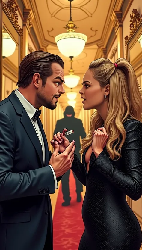  Comic caricature-style illustration of Leonardo DiCaprio and Beyoncé arguing intensely in a luxurious hallway backstage.  Beyoncé holds a small flash drive as if it were irrefutable proof ,  while Leonardo tries to justify himself with dramatic gestures ....