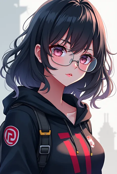 Create a girl in anime 
Free Fire player with wavy black hair with transparent glasses 