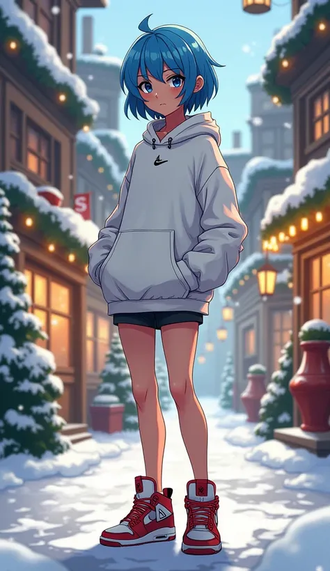 Bulma in a white sweatshirt and Jordan 4s, masterpiece, illustration, with the name "KIMBERLY", Best quality, High details, High quality, Very detailed, Christmas city,3D