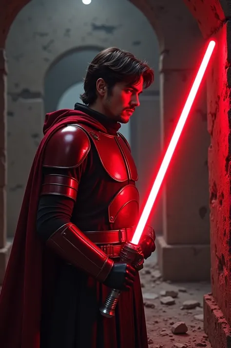 A dark jedi investigating the ribs of an abandoned fortress for evidence of who attacked it and how the defenses were overcome, dressed in shiny red armor with black trim, black boots and black gloves, red cloak, red lightsaber drawn and ignited to illumin...