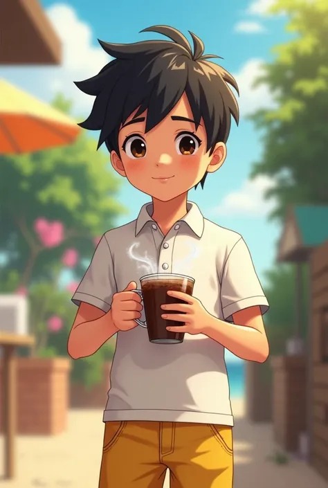 A  boy tall black hair brown eyes white polo shirt yellow shorts drinking a cup of chocolate