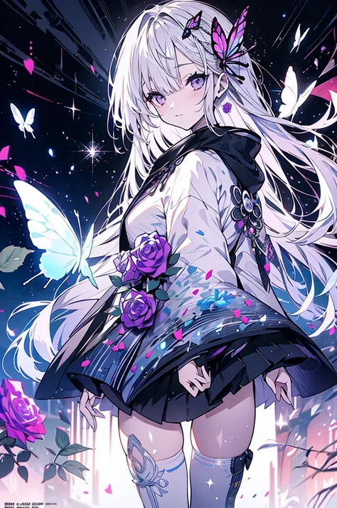 Silver Hair，crystal hair, Butterfly，Long white hair，8k wallpaper，Detailed background，Maximum resolution，Hair covers one eye，Drawstring，chies，purple Rose，Tight Fit，High socks，stocking，moon，Impressionist Moon Eclipse,  Japanese Illustration Style,  Poster/Ma...