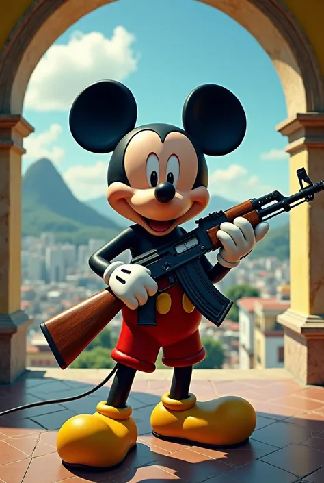 Mickey mouse com ak 47 na mão, lapa arches, rio de janeiro in the background 