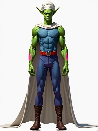  Create a design of hyperrealistic cosplay of a humanoid alien with bright green skin,  detailed muscle lines and pink marks on the arms . has pointy ears,  a serious expression ,  and a subtle antenna on the head .  He wears a white turban elegantly wrapp...