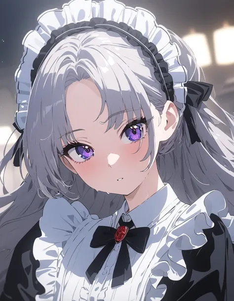 ((( best quality, 8k, masterpiece: 1.3)), (( best quality)), ((masterpiece)), ( Detailed ),  perfect face to have sex, Maid with long silvery hair ,  she looks at me ,  Her thick hair flows,  maid costume with frills .  She works at the royal court ,  high...