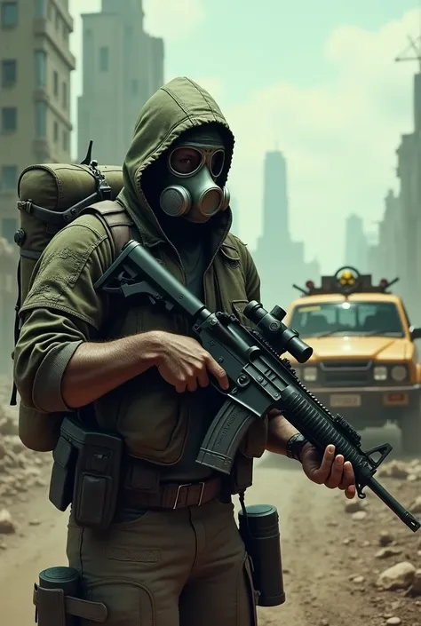 Create an image as a cover of a battle royale game that’s set in nuclear fallout with guy in gas mask shooting a rifle and a car driving him around the name of the game is last stand