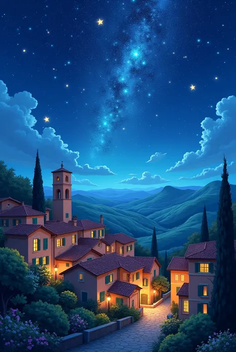  wallpaper for cell phone 4k . starry night in traditional Italian Tuscan village at night with vibrant colors,anime painting style 