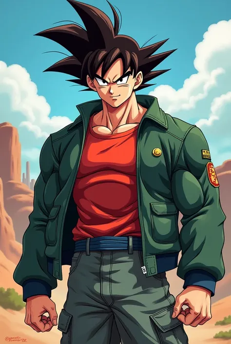 Goku with a dark green jacket and with a red shirt and with jeans and with brown hair and eyes in DBS cartoon style 