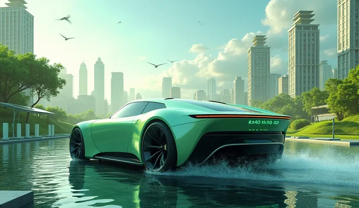 Design a sleek hydrogen-powered vehicle concept set in a futuristic urban landscape. Highlight clean, aerodynamic lines with eco-friendly details such as green energy indicators and a glowing hydrogen fuel tank display. Depict the vehicle in motion, emitti...