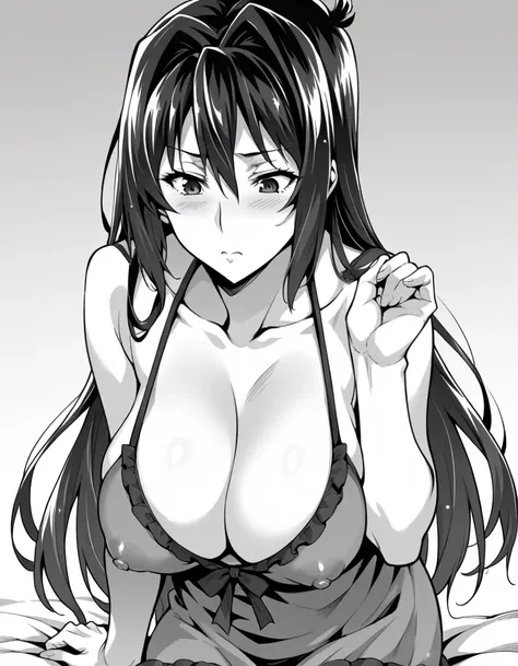 score_9, score_8_up, score_7_up, source_anime,
akinijou,  aki nijou, long hair, large breasts, monochrome, greyscale, wearing a frilled nightgown, bedroom background, cleavage, pushing her cleavage down, showing a bit of her nipples