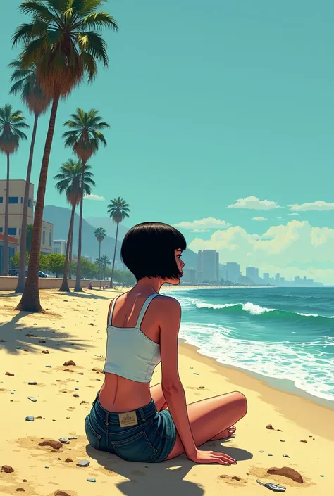 Prompts
GTA San Andreas game style illustration of a girl with small Chanel hair sitting alone on the beach in Los Santos looking out to sea