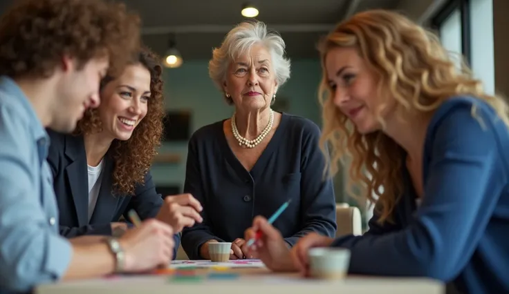 The scene was tense and touching. The focus is on three figures in a bright, modern interior. In the foreground, a cheerful young woman with curly hair is smiling while participating in an activity, such as painting or working on a creative project. Next t...