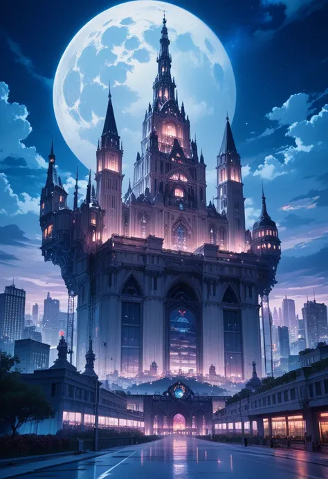 city landscape, downtown, gothic architecture, night landscape, full moon, masterpiece quality, ultra HD, 4K, best quality, amazing quality, very aesthetic, high resolution, ultra-detailed, absurdres score_9, score_8_up, score_7_up, source_anime