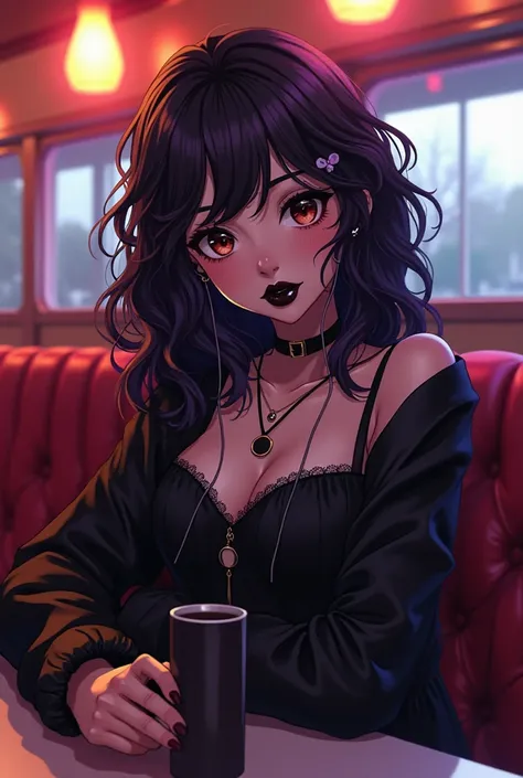 Make her with brown skin
Curly hair,  black with purple highlights
Show her full body
Gothic style pulled by rock 
Wearing thin socks, Black Lipstick,  brown eyes 
In manga style /anime 
She with earphones , Make her as if she were in a diner 