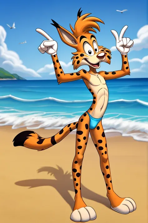 Lynx cartoon guy full length slim skinny in red speedo on the beach with a happy face striped tail