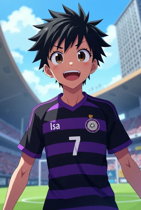  I need an image of an animated boy ,  with a black and purple soccer jersey, with number 7 and the name Isaí .  That the animation is similar to the anime blue los 
