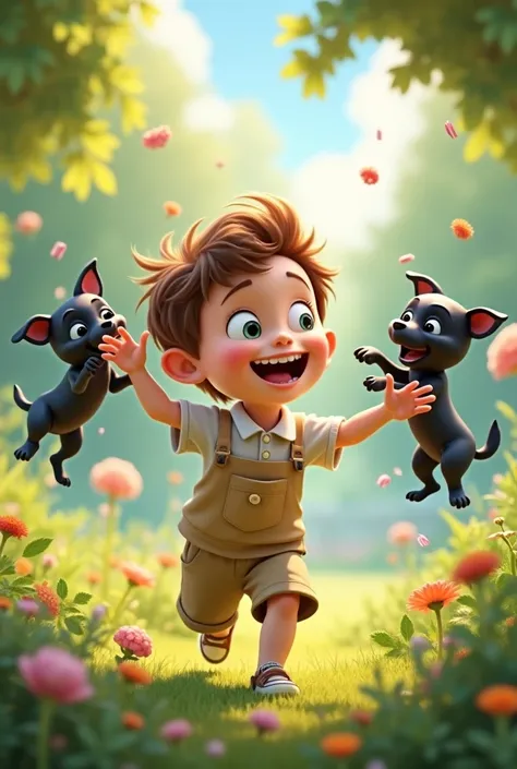 Pixar inspired 3D poster print capturing a scene of a  boy playing with 2 black puppy dogs in a garden, The sky is blue and the day is sunny. The boy is happy 