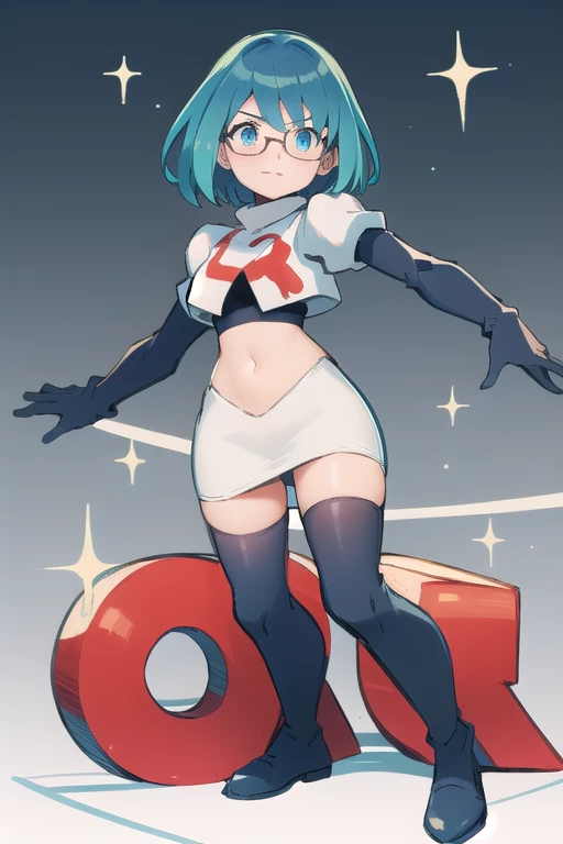 rico_megamanxdive, 1girl, solo, blue eyes, short hair, blue hair, android, glasses, team rocket,team rocket uniform,white skirt,red letter R,crop top,black thigh-highs,black elbow gloves, masterpiece, high quality, 