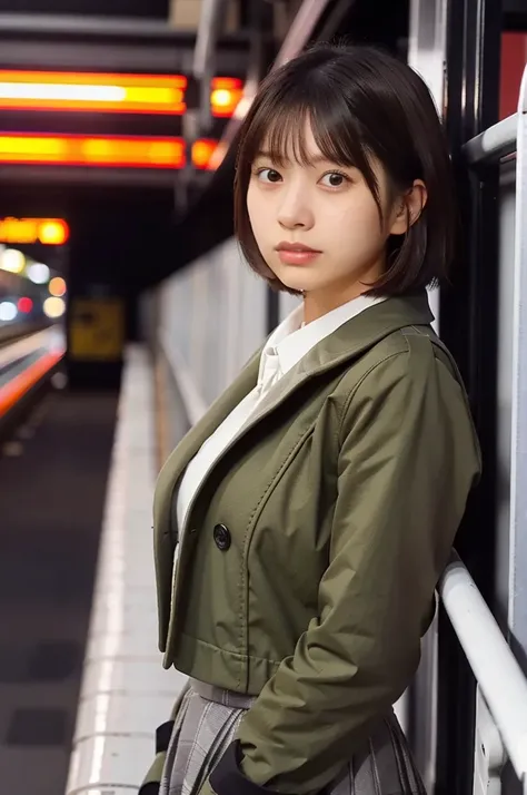 (masterpiece, best quality, perfect anatomy, highres, 8k, realistic, photorealistic, natural skin texture, no makeup:1.2), 1girl, solo, Japanese, age20, very cute, stylish female university student, (large breasts:1.4), winter vibes, standing on a train pl...