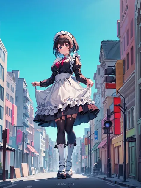 ((Girl in a giant maid outfit))　(((A giant girl is walking between buildings))) 

Composition seen from below Blue sky, thunderclouds, sunlight, masterpiece Anime-style delicate painting 4K 90s Huge Multiple crowds Crowd in a big city Many people  Black ha...