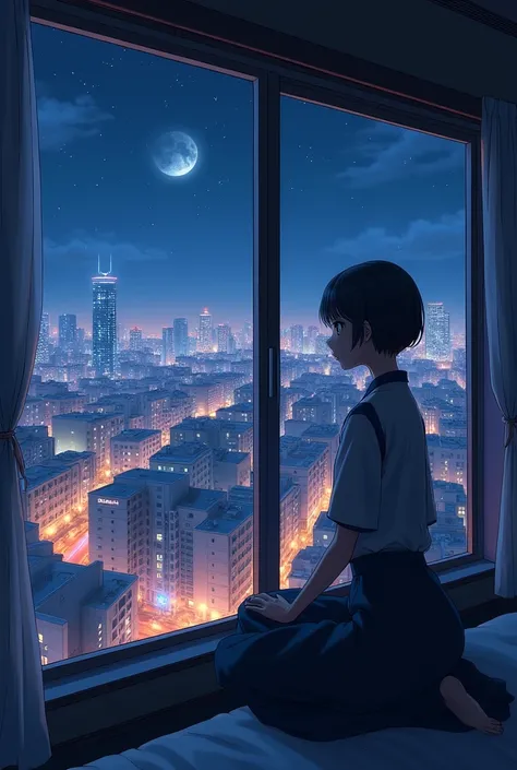  anime style, スーツを着た35歳の男性が窓際から night viewを眺めている。((profile)),((sincerity)),((sense of cleanliness)),((City Hotel)), (( night view)),(())