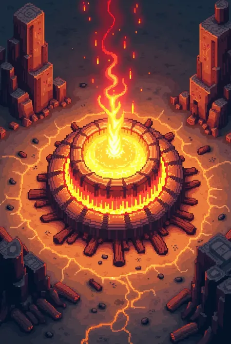 Pixel art , rpg ,  fire core rotating on the desert floor with light coming from above , fire lava , magma gears  