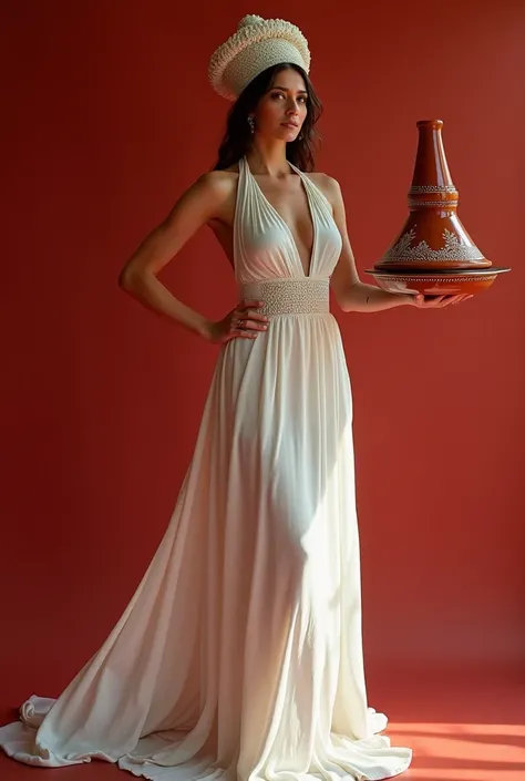 A picture of a woman who saw a kitchen wearing a white dress and a cooking hood holding a Moroccan tagine in her right hand only. The background is red 