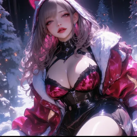  cat ears、Fantasia de Santa Claus com minissaia、  attractive,desire, obscene,  mature woman,  Captivating body lines  , ((   fine facial features  ,   Open your mouth, eroticism)),   dramatic lighting  ,  realistic , 8k,  cinematographic composition  ,  da...