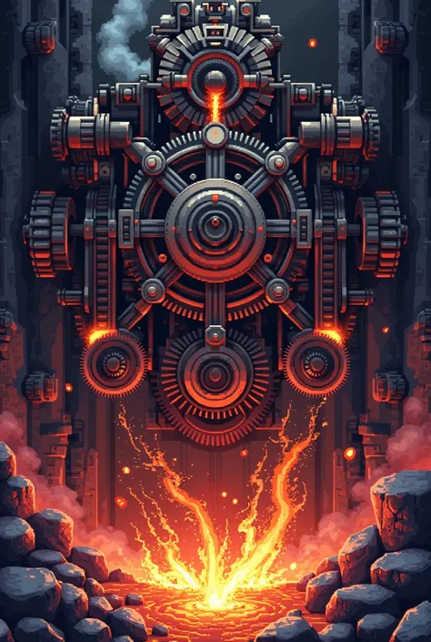 Pixel art , rpg , Gears pulling a wheel covering the chaos that pulls magma into it 