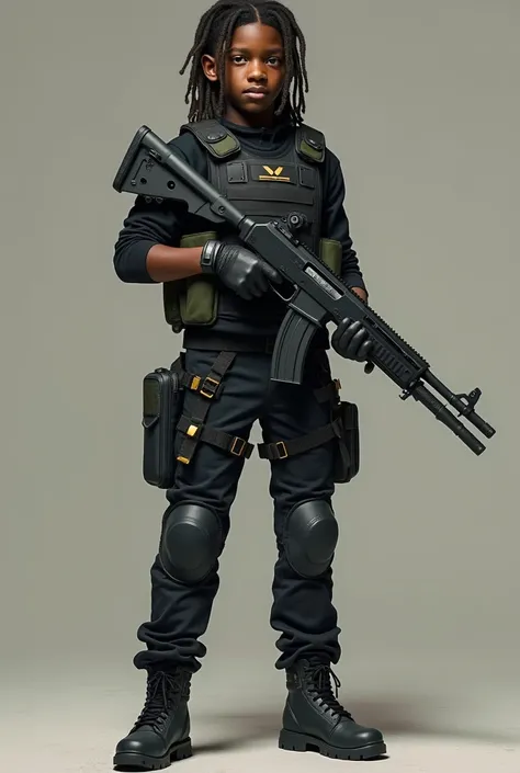 (Black African American 15-year-old boy),(dreadlocks hair braided), (holding military shotgun), (No helmet) (Top: A form-fitting, tactical vest in matte black with subtle dark gray or green accents). (Include lightweight), (flexible armor plates). (Bottoms...