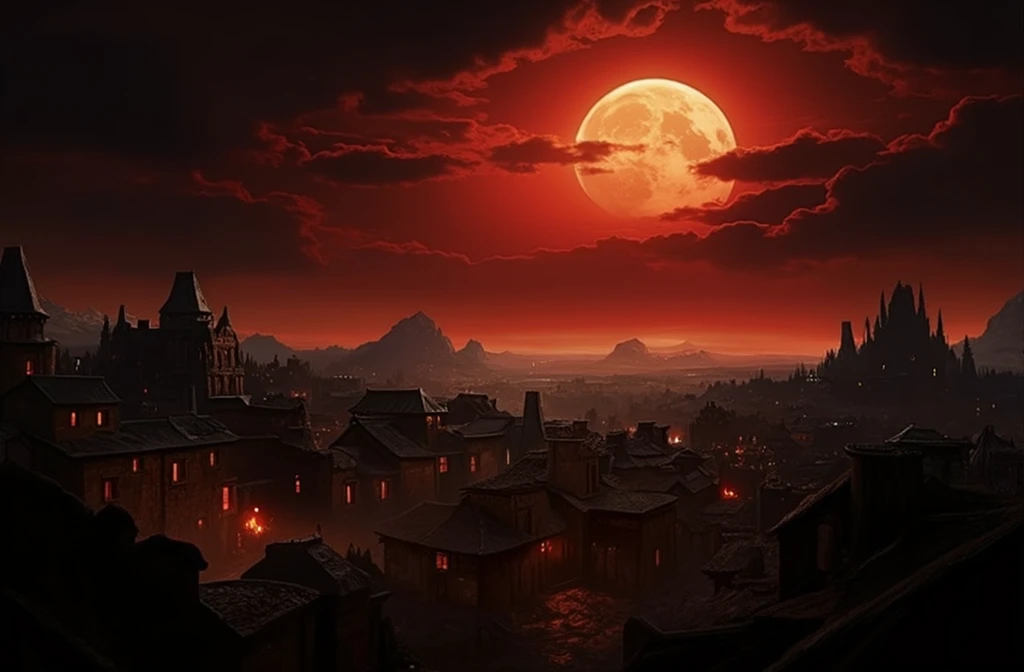 fantasy, destroyed town, black sky, black smoke is completely obscuring the sky, dark, black smoke, buildings in rubble, zombies, scary, ruins of a medieval town, very low smoke clouds, clock tower obscured by black smoke, fire in the distance, red light b...