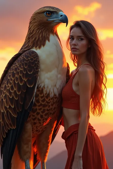 :

“A highly detailed and realistic scene of a majestic giant hawk standing beside a beautiful woman during a stunning sunset. The hawk exudes power and grace, with sharp, piercing eyes and intricately patterned feathers in shades of brown, gold, and white...