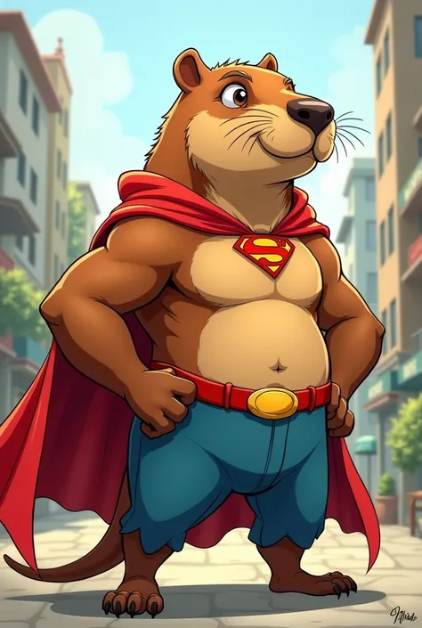 A capybara in a drawing with a cape and superhero pants