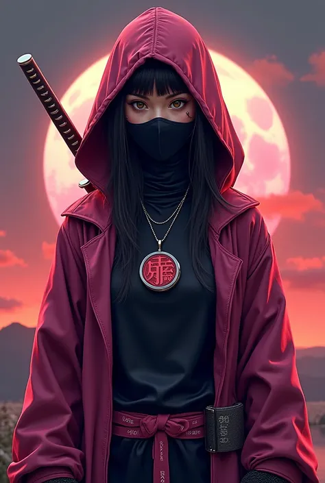  Create a female ninja with a hood dressed in fuchsia and black and her hair also with her swords behind light brown eyes and on her neck there is a round necklace with red color and white letters that says number one and her accessories say number ONE and...