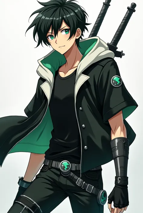 Rwby OC seventeen year old anime boy black hair emerald green eyes marked and muscular body with a scared black t-shirt a black jacket with a white hood black fingerless gloves black pants with metal knee pads a metal shoulder strap some black and white kn...